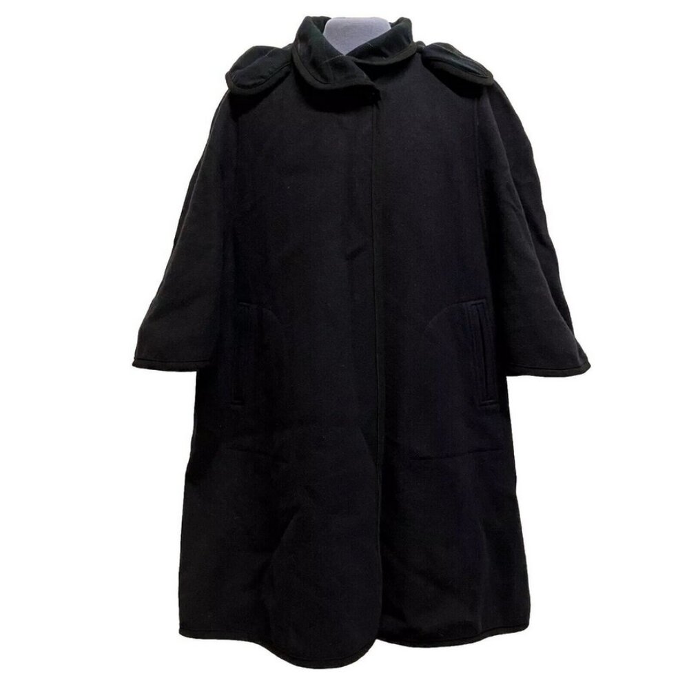 Navy Blue Wool Felt Cape Coat with Sleeves Vintage Gallery Fen-nelli Plaid Trim